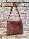 Dark rusty brown suede messenger bag. Soft genuine leather crossbody / shoulder bag for books, tablets. Dark brown suede purse.