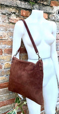 Dark rusty brown suede messenger bag. Soft genuine leather crossbody / shoulder bag for books, tablets. Dark brown suede purse.