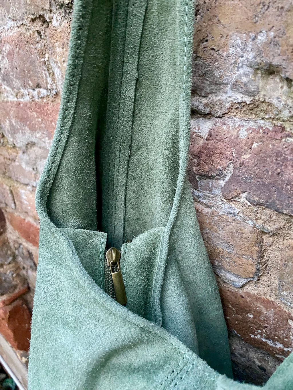 Large tote leather bag in sage GREEN. Slouch leather bag with ZIPPER. Leather shopper, laptop bag in suede leather bag. GREEN suede purse.