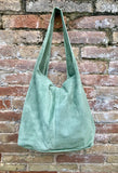 Large tote leather bag in sage GREEN. Slouch leather bag with ZIPPER. Leather shopper, laptop bag in suede leather bag. GREEN suede purse.