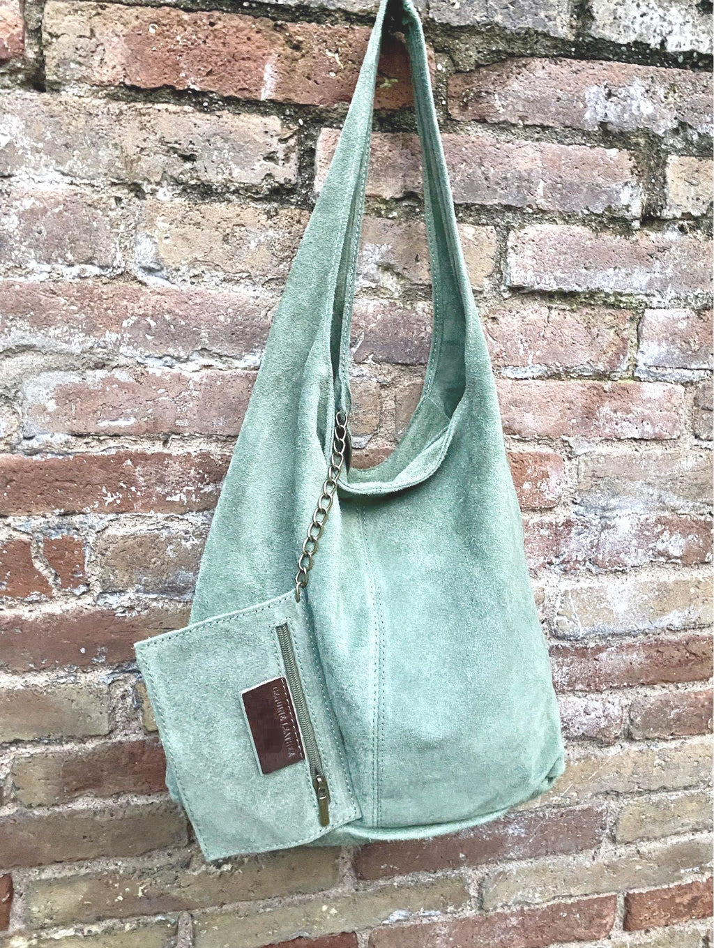 Large tote leather bag in sage GREEN. Slouch leather bag with ZIPPER. Leather shopper, laptop bag in suede leather bag. GREEN suede purse.