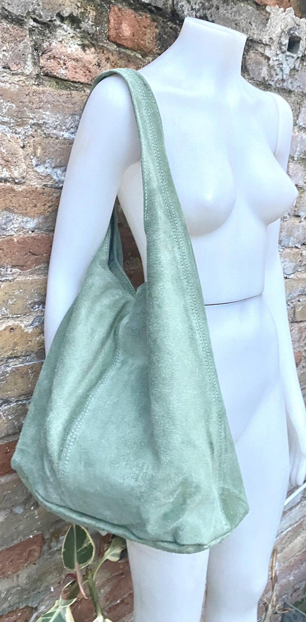 Large tote leather bag in sage GREEN. Slouch leather bag with ZIPPER. Leather shopper, laptop bag in suede leather bag. GREEN suede purse.