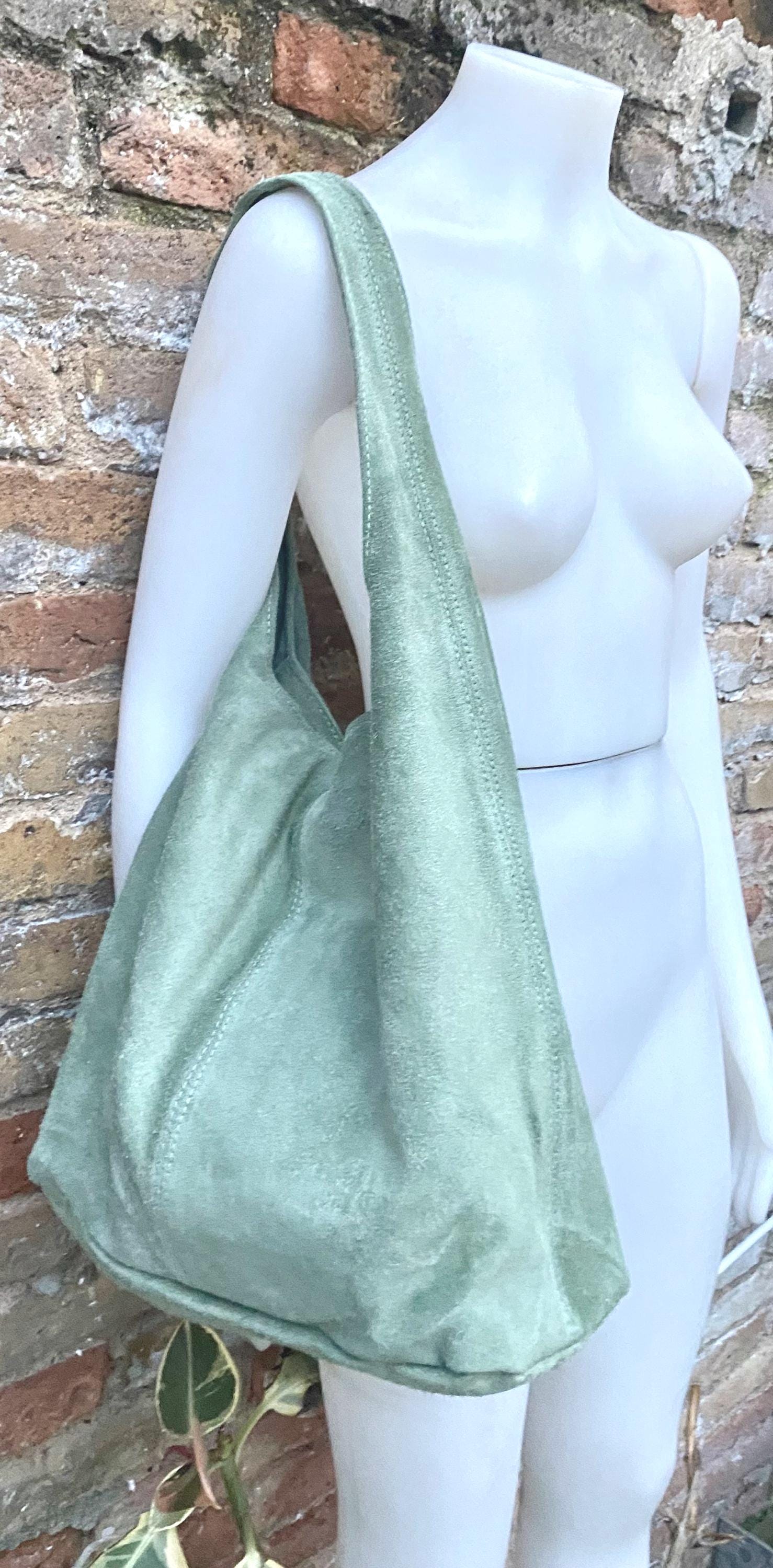 Large tote leather bag in sage GREEN. Slouch leather bag with ZIPPER. Leather shopper, laptop bag in suede leather bag. GREEN suede purse.