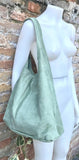 Large tote leather bag in sage GREEN. Slouch leather bag with ZIPPER. Leather shopper, laptop bag in suede leather bag. GREEN suede purse.