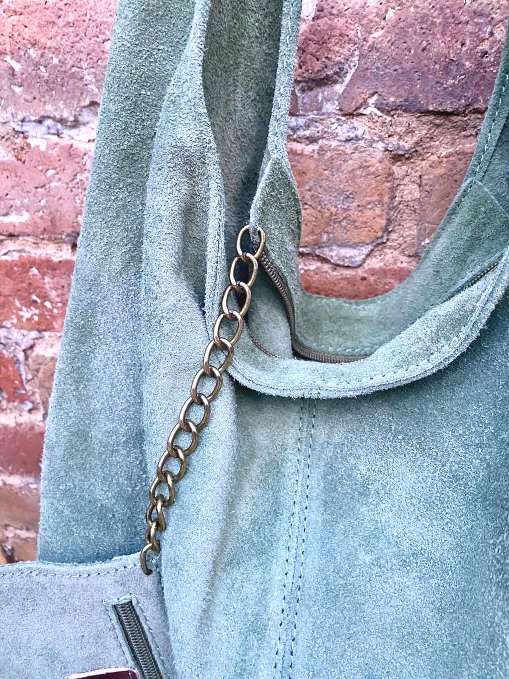 Large tote leather bag in sage GREEN. Slouch leather bag with ZIPPER. Leather shopper, laptop bag in suede leather bag. GREEN suede purse.