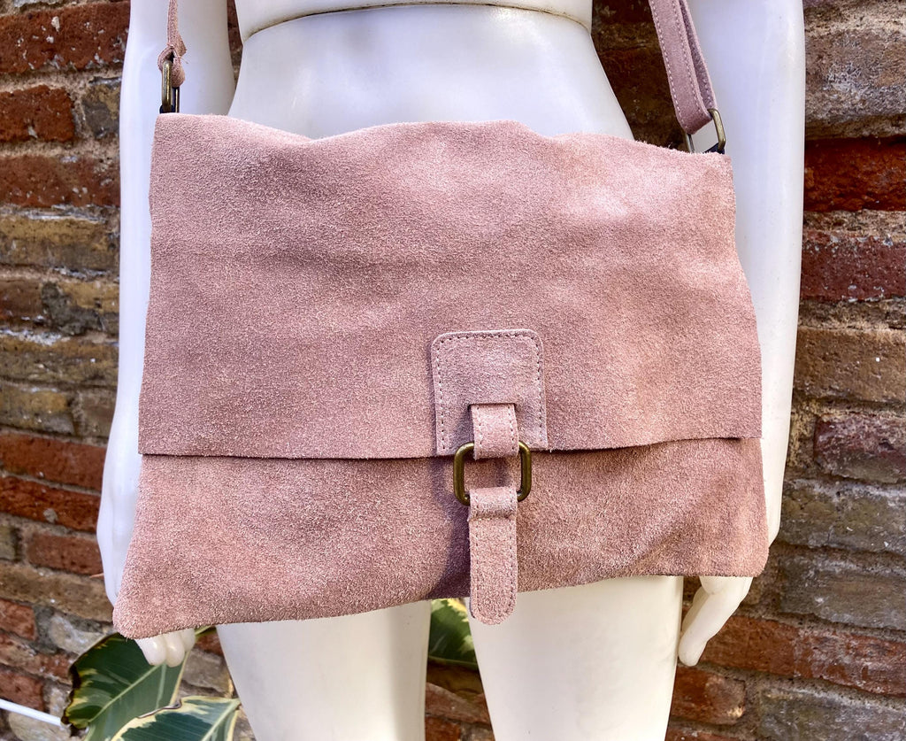 Suede bag in dusty PINK. Genuine leather BOHO bag. Pink suede purse. Crossbody / shoulder / messenger bag in soft natural leather.