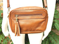 Small leather bag in Camel brown. Cross body bag, shoulder bag in GENUINE leather. Saddle brown leather bag with adjustable strap and zipper