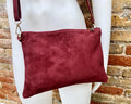 Burgundy small suede leather bag. Crossbody / shoulder bag / wristlet in GENUINE leather. Wine red bag. Flat dark red suede purse.