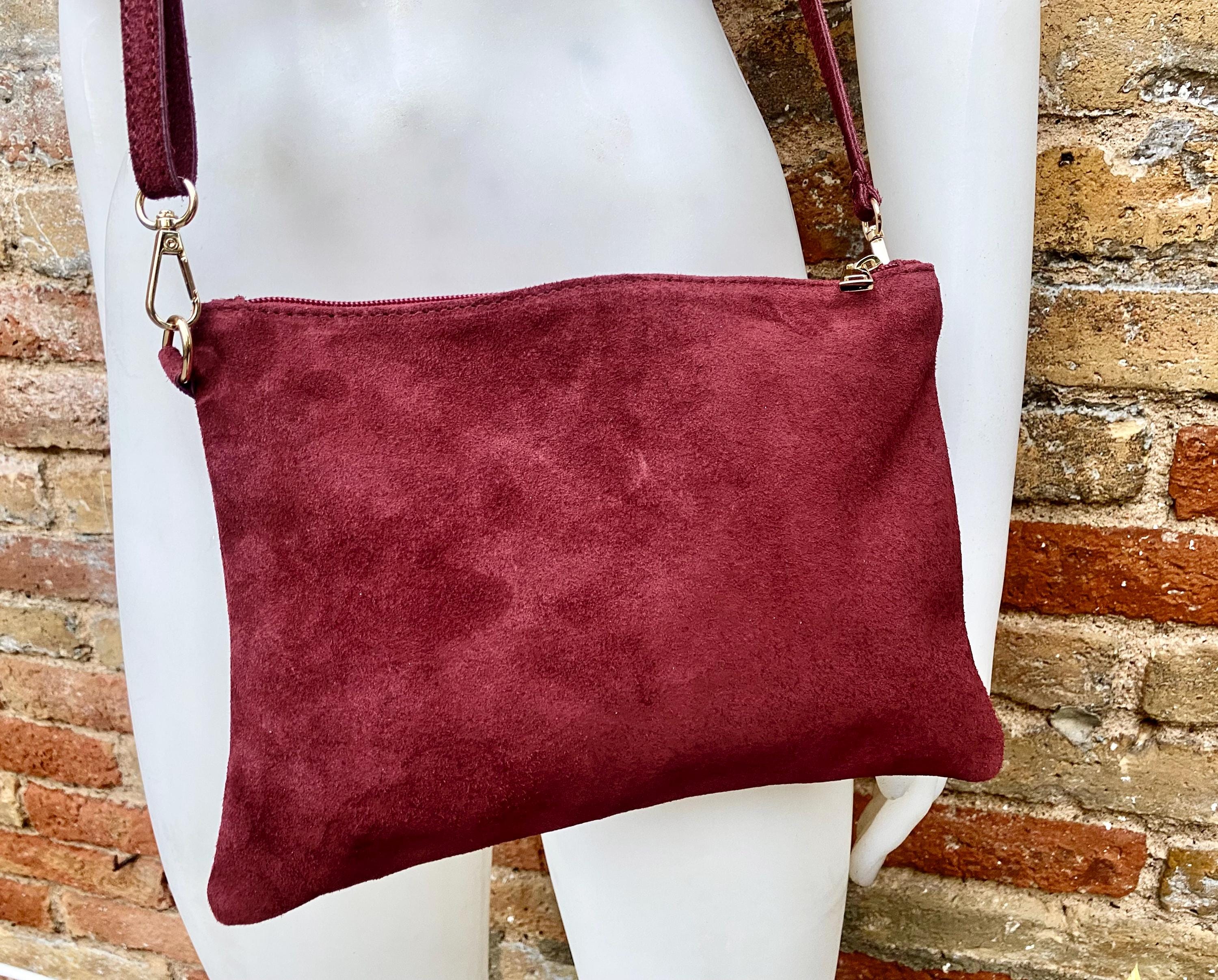 Burgundy small suede leather bag. Crossbody / shoulder bag / wristlet in GENUINE leather. Wine red bag. Flat dark red suede purse.