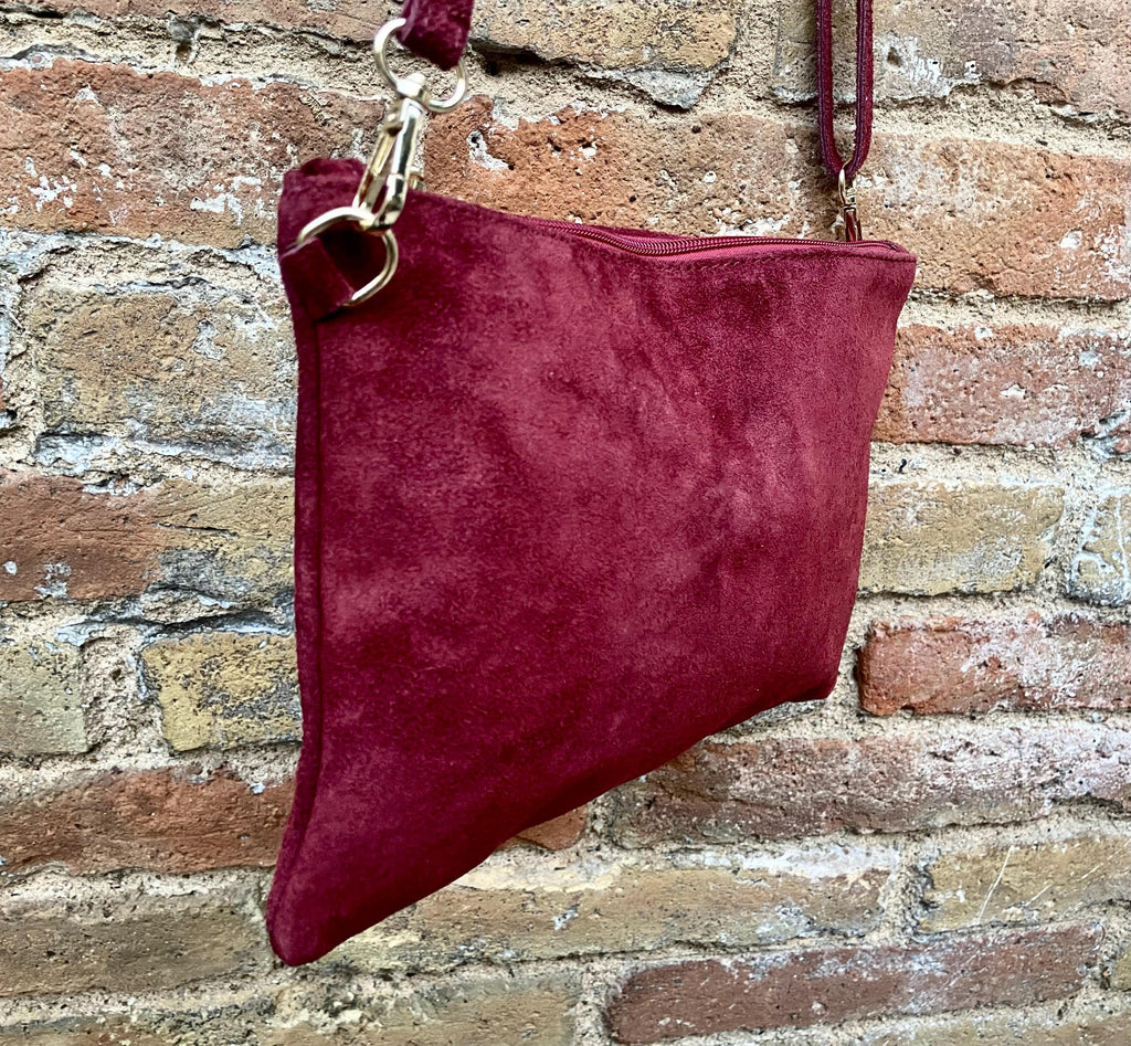 Burgundy small suede leather bag. Crossbody / shoulder bag / wristlet in GENUINE leather. Wine red bag. Flat dark red suede purse.