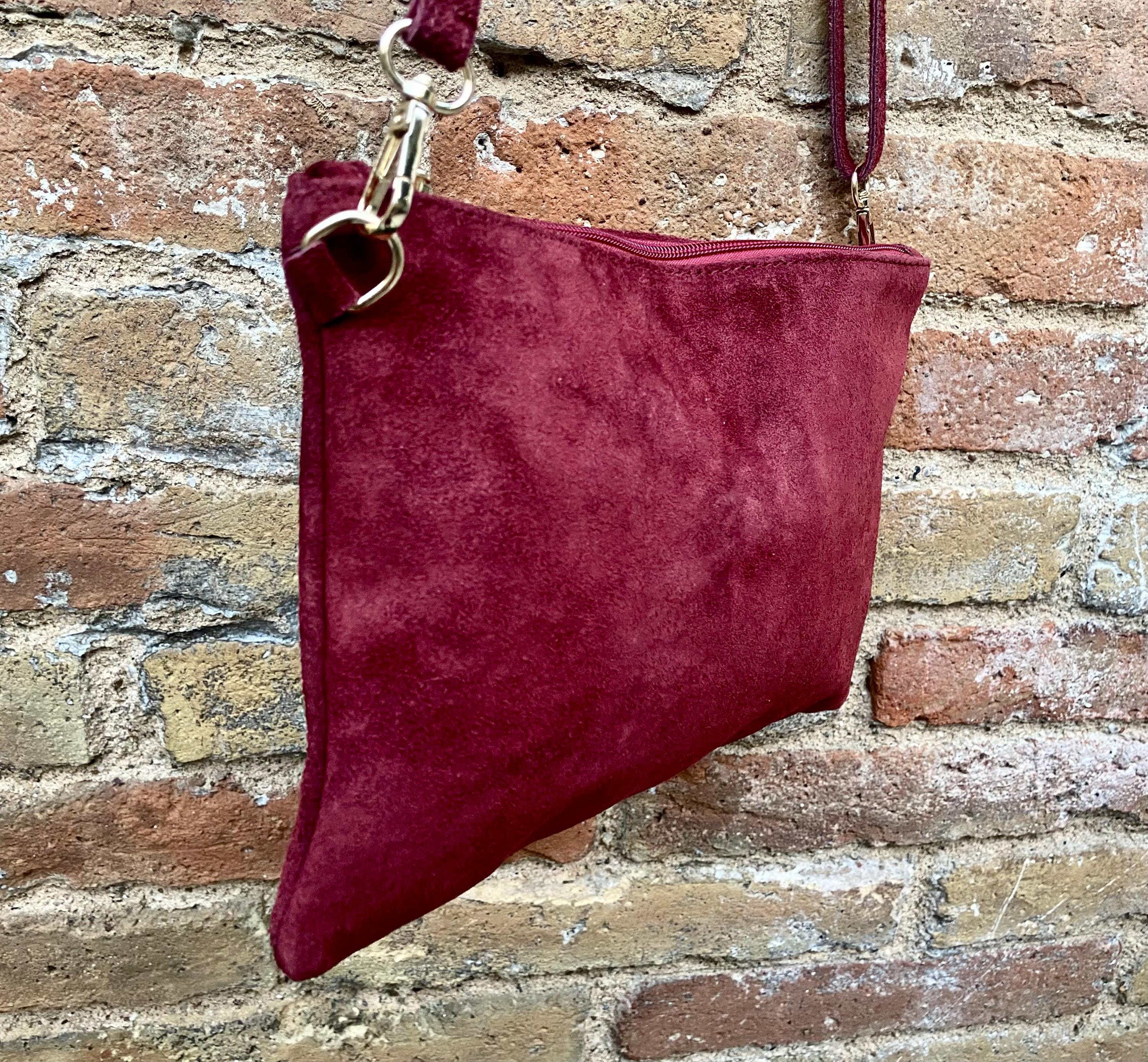 Burgundy small suede leather bag. Crossbody / shoulder bag / wristlet in GENUINE leather. Wine red bag. Flat dark red suede purse.