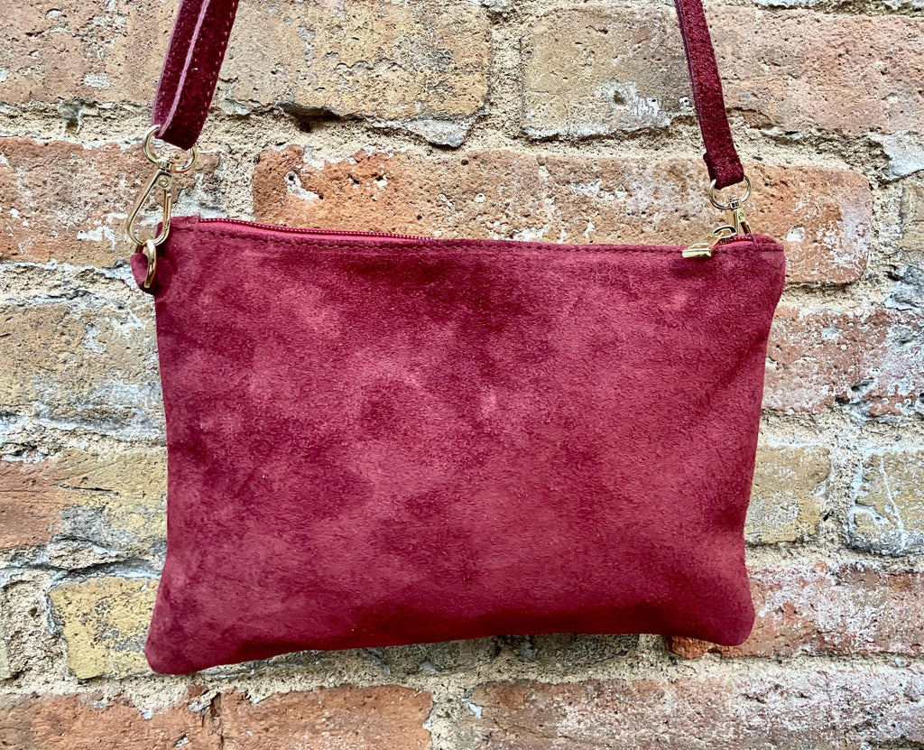 Burgundy small suede leather bag. Crossbody / shoulder bag / wristlet in GENUINE leather. Wine red bag. Flat dark red suede purse.