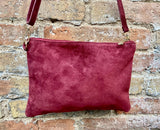 Burgundy small suede leather bag. Crossbody / shoulder bag / wristlet in GENUINE leather. Wine red bag. Flat dark red suede purse.