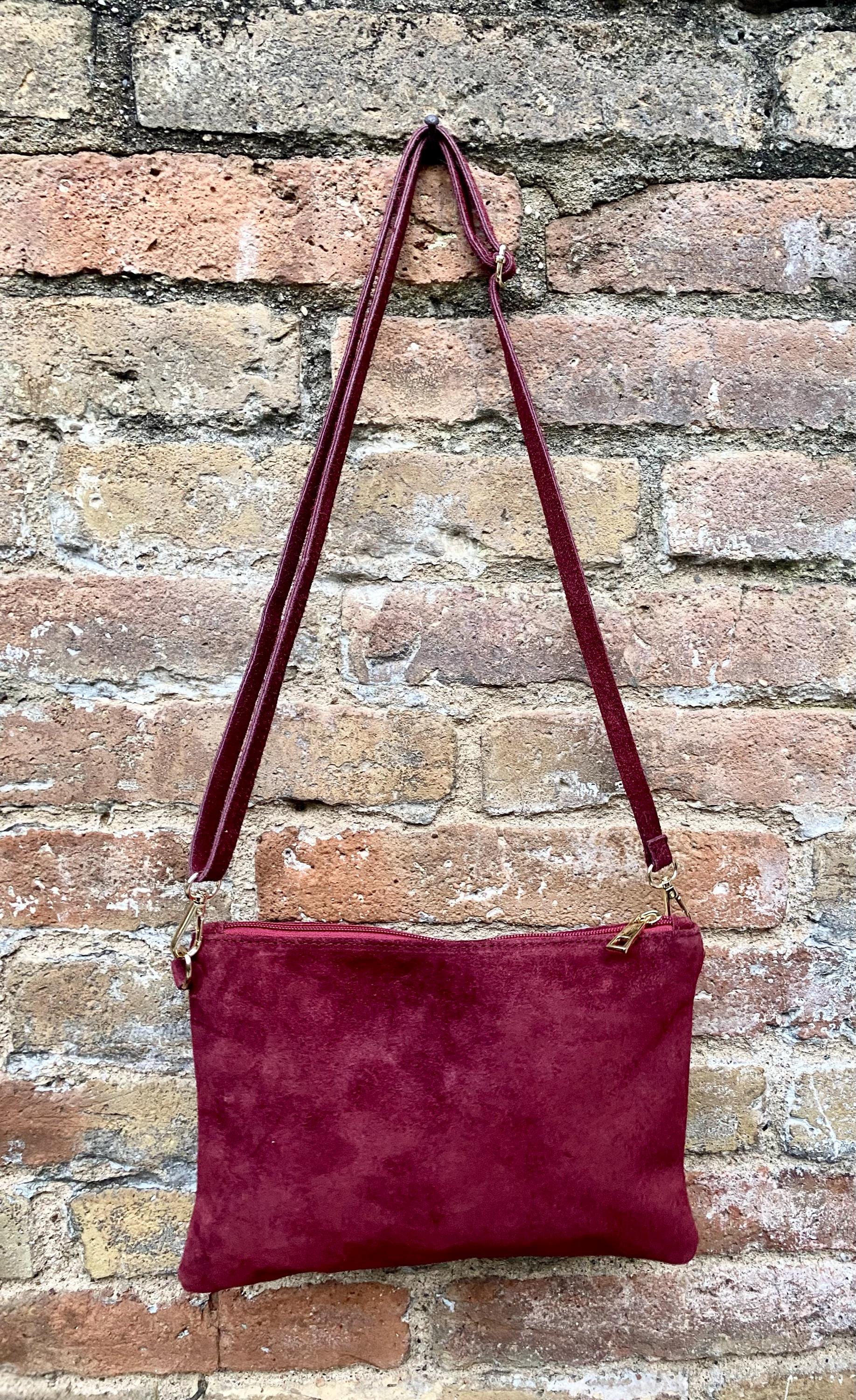 Burgundy small suede leather bag. Crossbody / shoulder bag / wristlet in GENUINE leather. Wine red bag. Flat dark red suede purse.