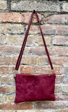 Burgundy small suede leather bag. Crossbody / shoulder bag / wristlet in GENUINE leather. Wine red bag. Flat dark red suede purse.