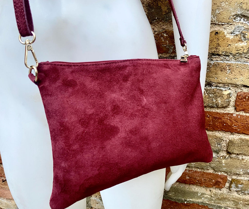 Burgundy small suede leather bag. Crossbody / shoulder bag / wristlet in GENUINE leather. Wine red bag. Flat dark red suede purse.