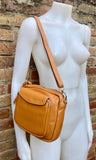 Genuine leather light camel brown bag. GENUINE leather shoulder / crossbody bag. Tan purse with zippers. Light caramel brown leather purse