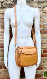 Genuine leather light camel brown bag. GENUINE leather shoulder / crossbody bag. Tan purse with zippers. Light caramel brown leather purse