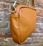 Genuine leather light camel brown bag. GENUINE leather shoulder / crossbody bag. Tan purse with zippers. Light caramel brown leather purse