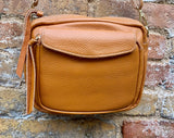 Genuine leather light camel brown bag. GENUINE leather shoulder / crossbody bag. Tan purse with zippers. Light caramel brown leather purse