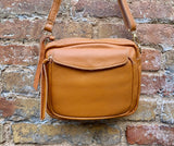 Genuine leather light camel brown bag. GENUINE leather shoulder / crossbody bag. Tan purse with zippers. Light caramel brown leather purse