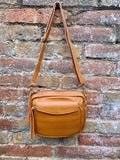 Genuine leather light camel brown bag. GENUINE leather shoulder / crossbody bag. Tan purse with zippers. Light caramel brown leather purse