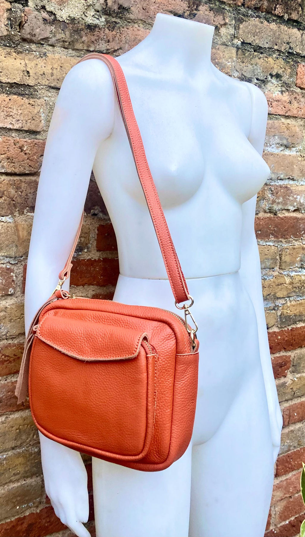 Genuine leather burnt orange bag. GENUINE leather shoulder / crossbody bag. Orange purse with zippers. Orange leather purse