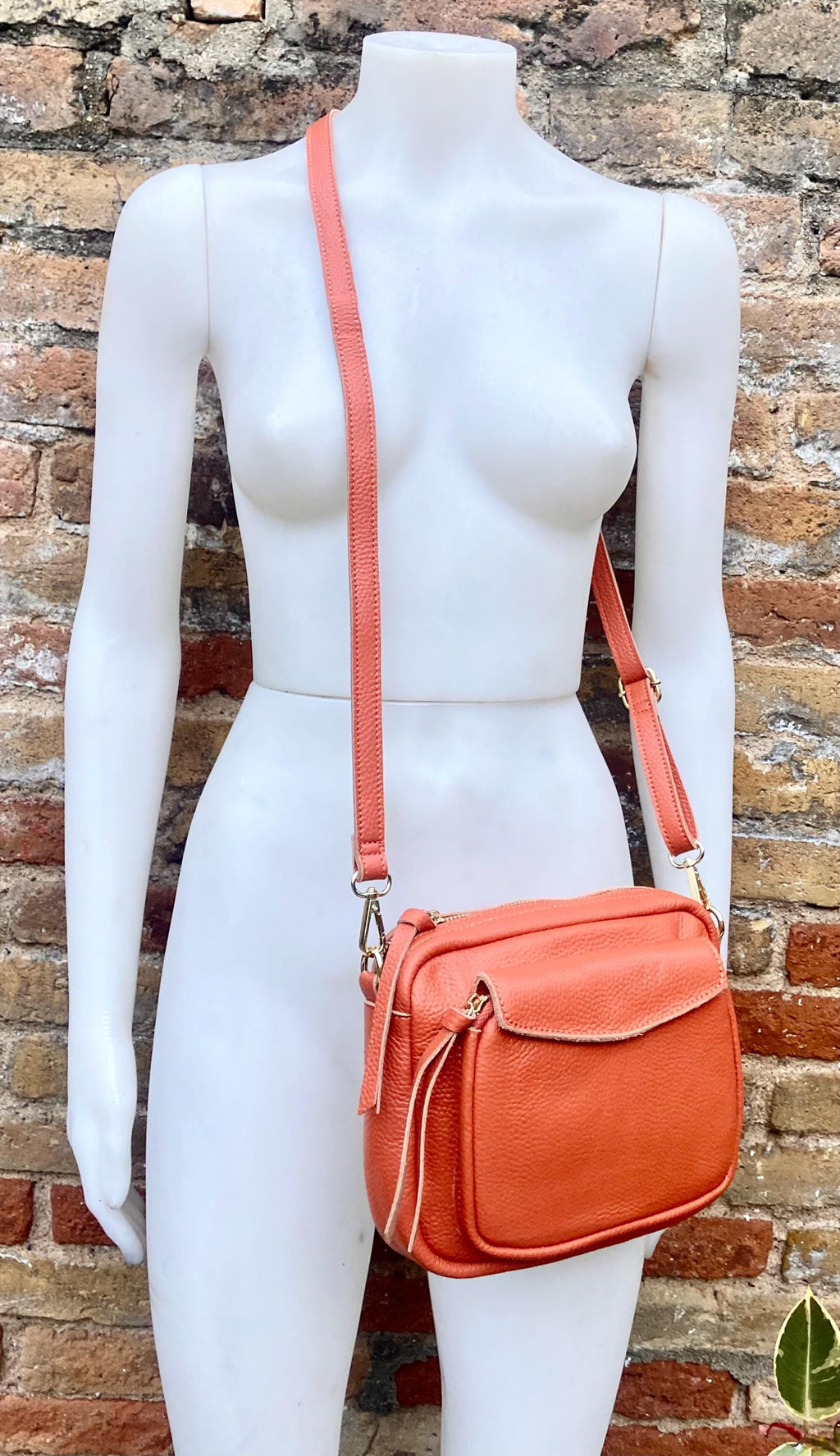 Genuine leather burnt orange bag. GENUINE leather shoulder / crossbody bag. Orange purse with zippers. Orange leather purse