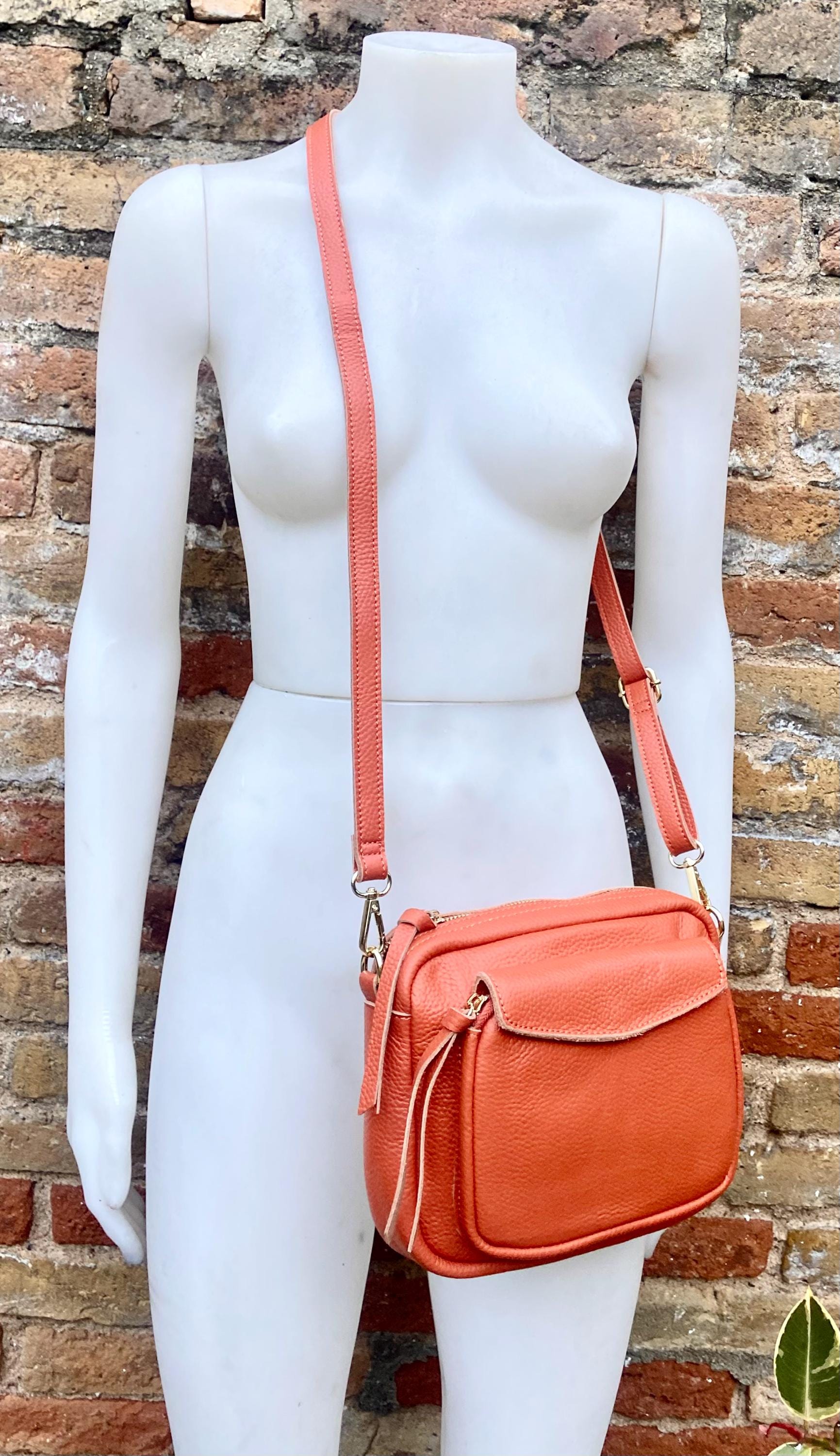 Genuine leather burnt orange bag. GENUINE leather shoulder / crossbody bag. Orange purse with zippers. Orange leather purse