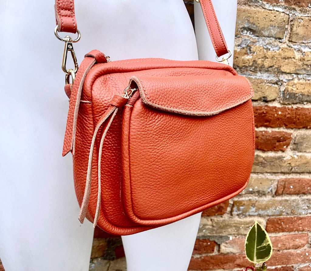 Genuine leather burnt orange bag. GENUINE leather shoulder / crossbody bag. Orange purse with zippers. Orange leather purse