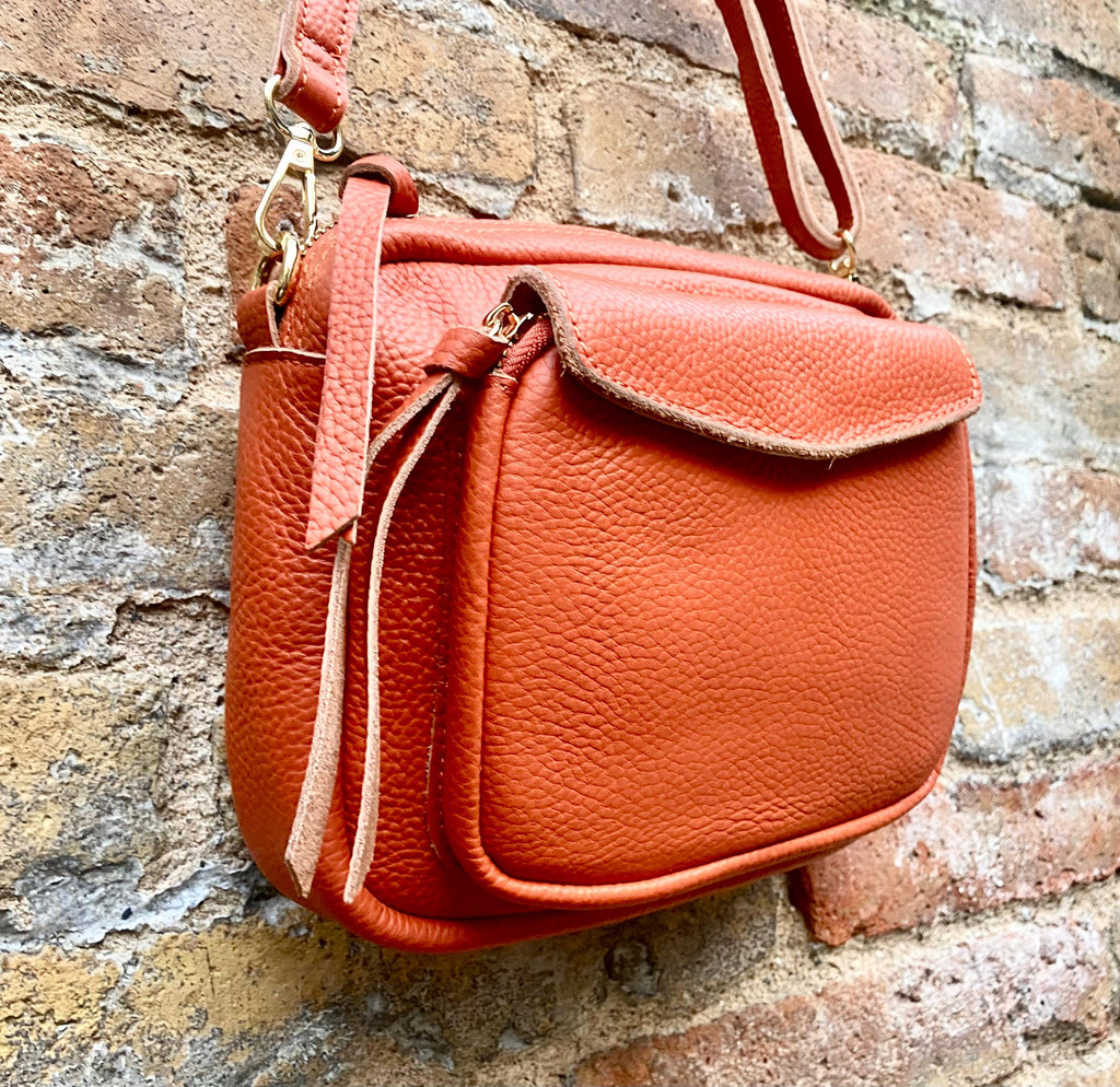 Genuine leather burnt orange bag. GENUINE leather shoulder / crossbody bag. Orange purse with zippers. Orange leather purse