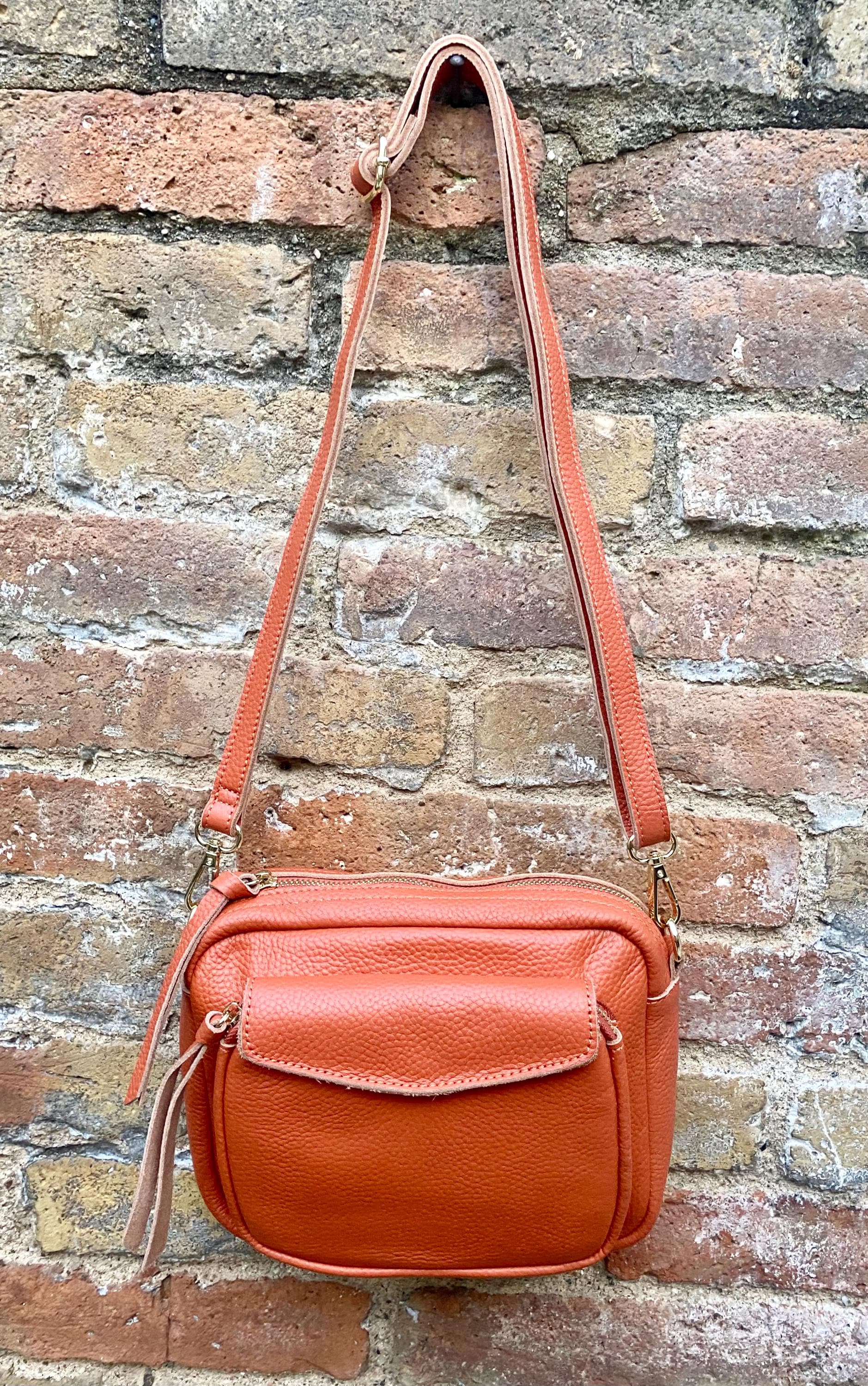Genuine leather burnt orange bag. GENUINE leather shoulder / crossbody bag. Orange purse with zippers. Orange leather purse