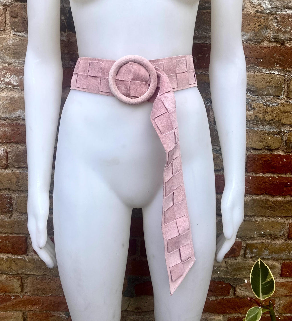 Light pink suede waist belt with large round buckle. Boho braided suede belt in a soft pink shade. Genuine natural pink suede leather
