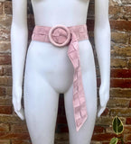 Light pink suede waist belt with large round buckle. Boho braided suede belt in a soft pink shade. Genuine natural pink suede leather