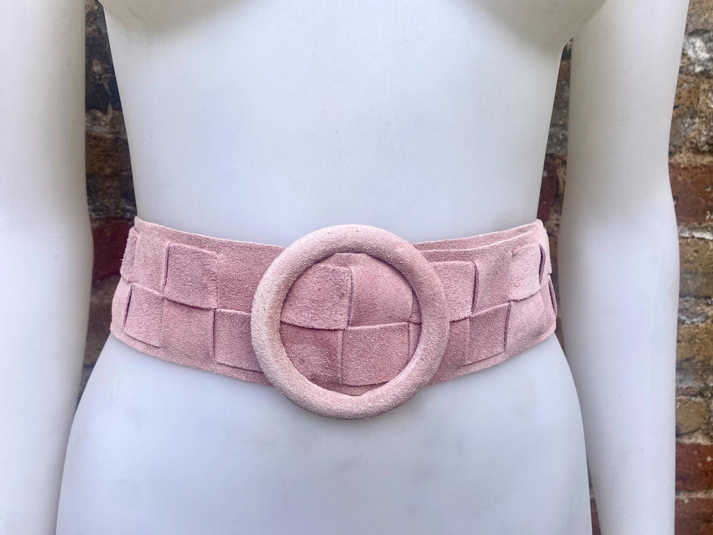 Light pink suede waist belt with large round buckle. Boho braided suede belt in a soft pink shade. Genuine natural pink suede leather