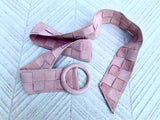 Light pink suede waist belt with large round buckle. Boho braided suede belt in a soft pink shade. Genuine natural pink suede leather