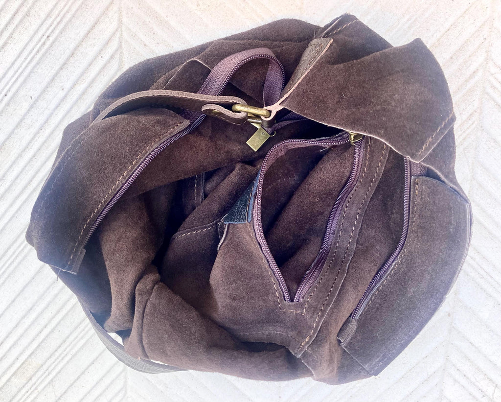 Slouch leather bag in dark brown. Chocolate brown hobo bag. Boho bag.Book or tablet bags in suede. Dark camel brown soft leather shopper