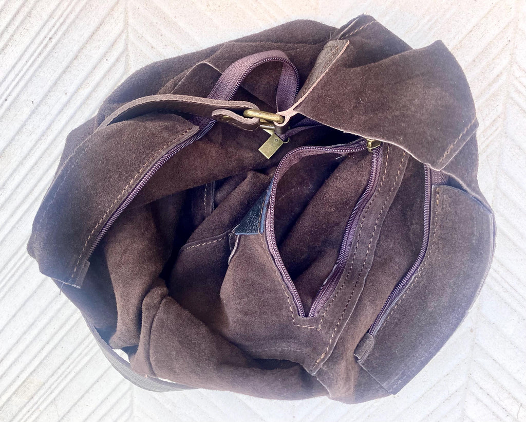Slouch leather bag in dark brown. Chocolate brown hobo bag. Boho bag.Book or tablet bags in suede. Dark camel brown soft leather shopper