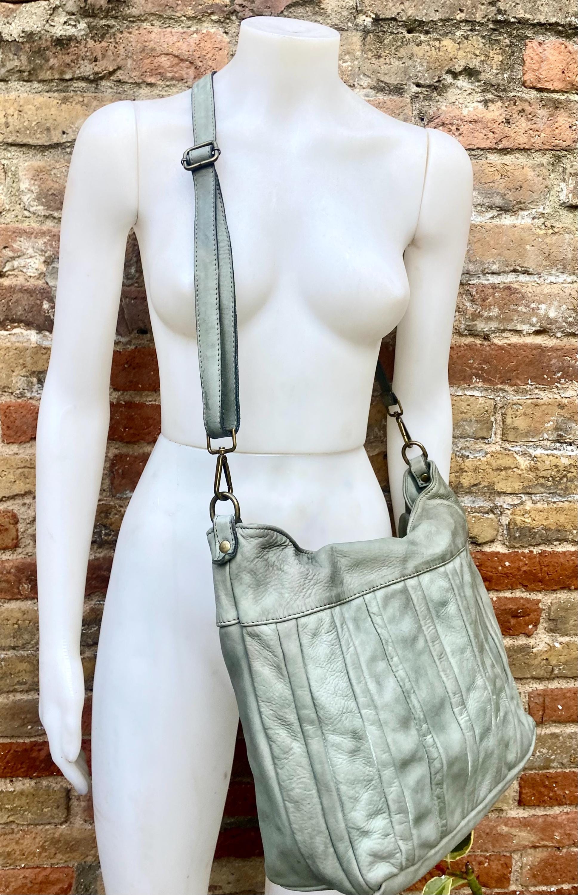Sage GREEN genuine leather shoulder / crossbody bag. Green distressed leather shopper, "Washed leather" bag for laptops, tablets, books...