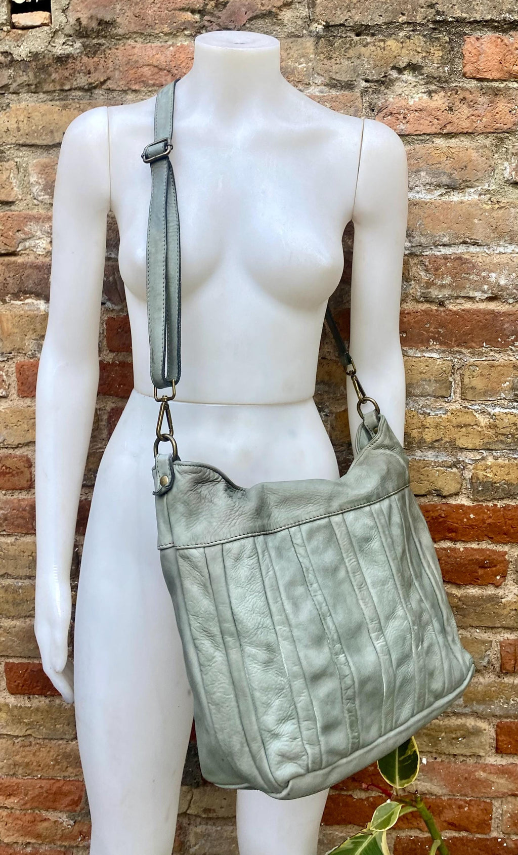 Sage GREEN genuine leather shoulder / crossbody bag. Green distressed leather shopper, "Washed leather" bag for laptops, tablets, books...