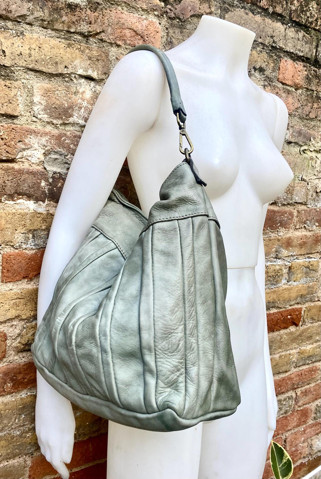 Sage GREEN genuine leather shoulder / crossbody bag. Green distressed leather shopper, "Washed leather" bag for laptops, tablets, books...