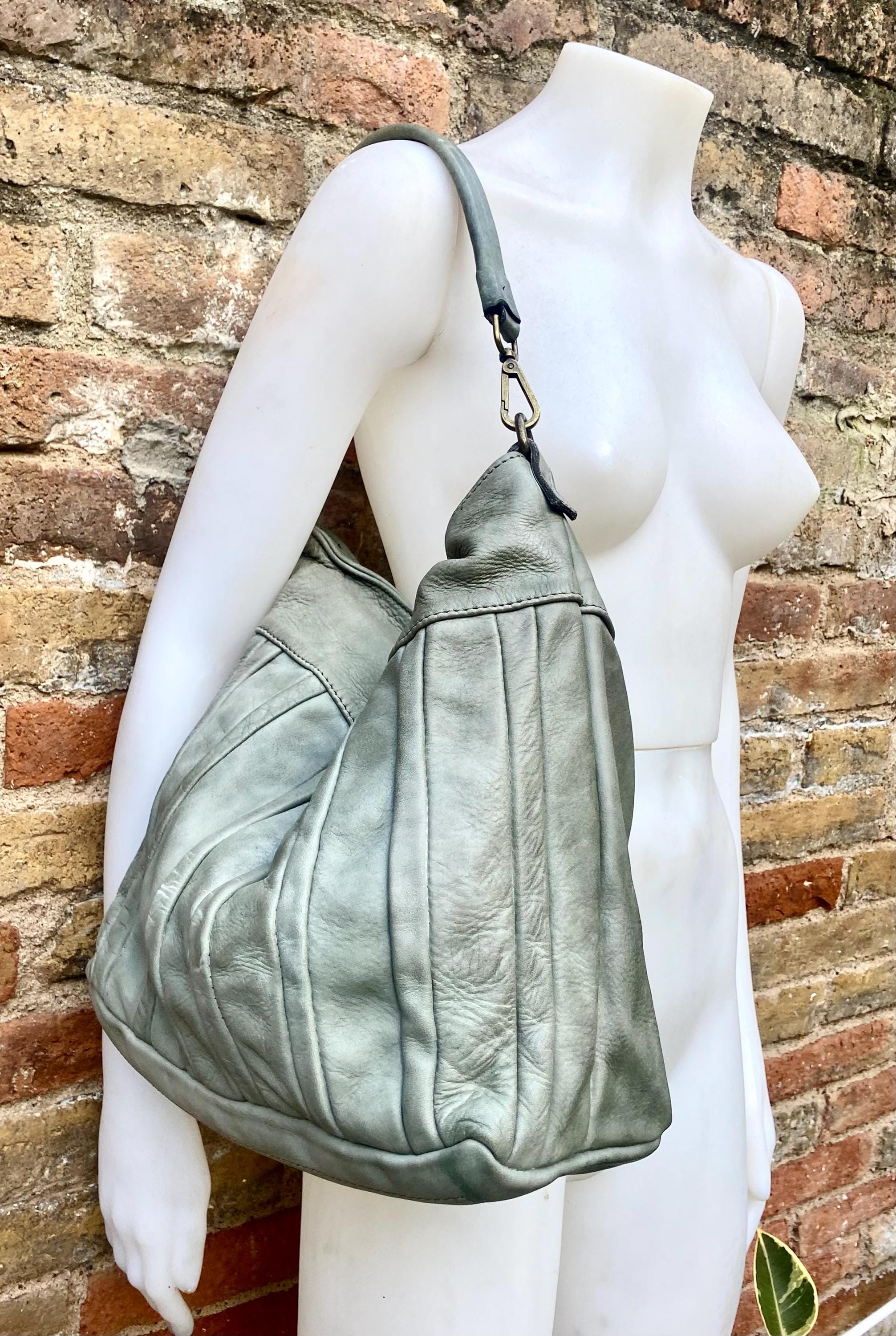 Sage GREEN genuine leather shoulder / crossbody bag. Green distressed leather shopper, "Washed leather" bag for laptops, tablets, books...