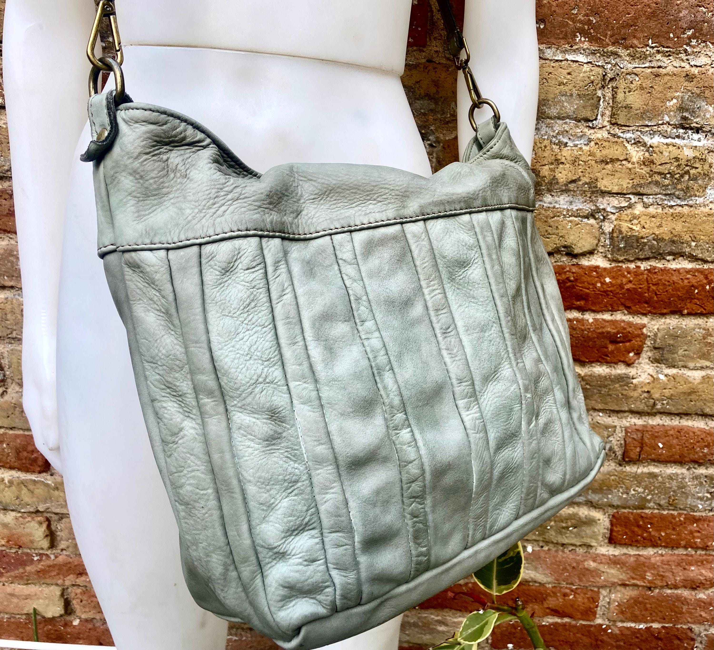 Sage GREEN genuine leather shoulder / crossbody bag. Green distressed leather shopper, "Washed leather" bag for laptops, tablets, books...