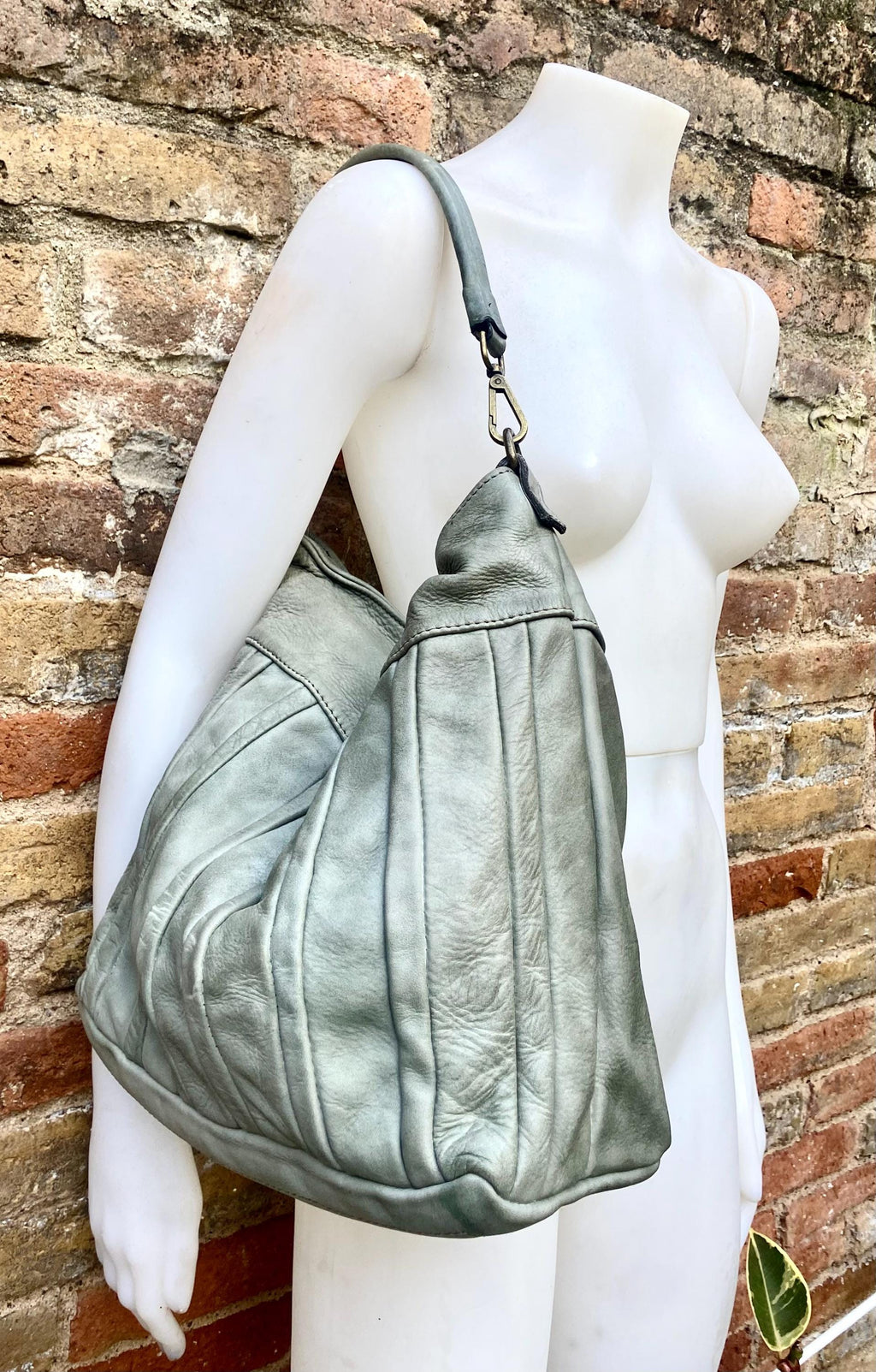 Sage GREEN genuine leather shoulder / crossbody bag. Green distressed leather shopper, "Washed leather" bag for laptops, tablets, books...