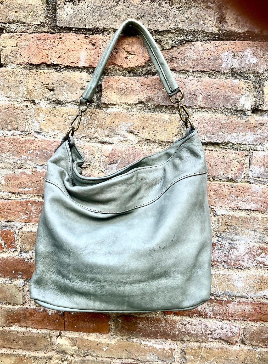 Sage GREEN genuine leather shoulder / crossbody bag. Green distressed leather shopper, "Washed leather" bag for laptops, tablets, books...