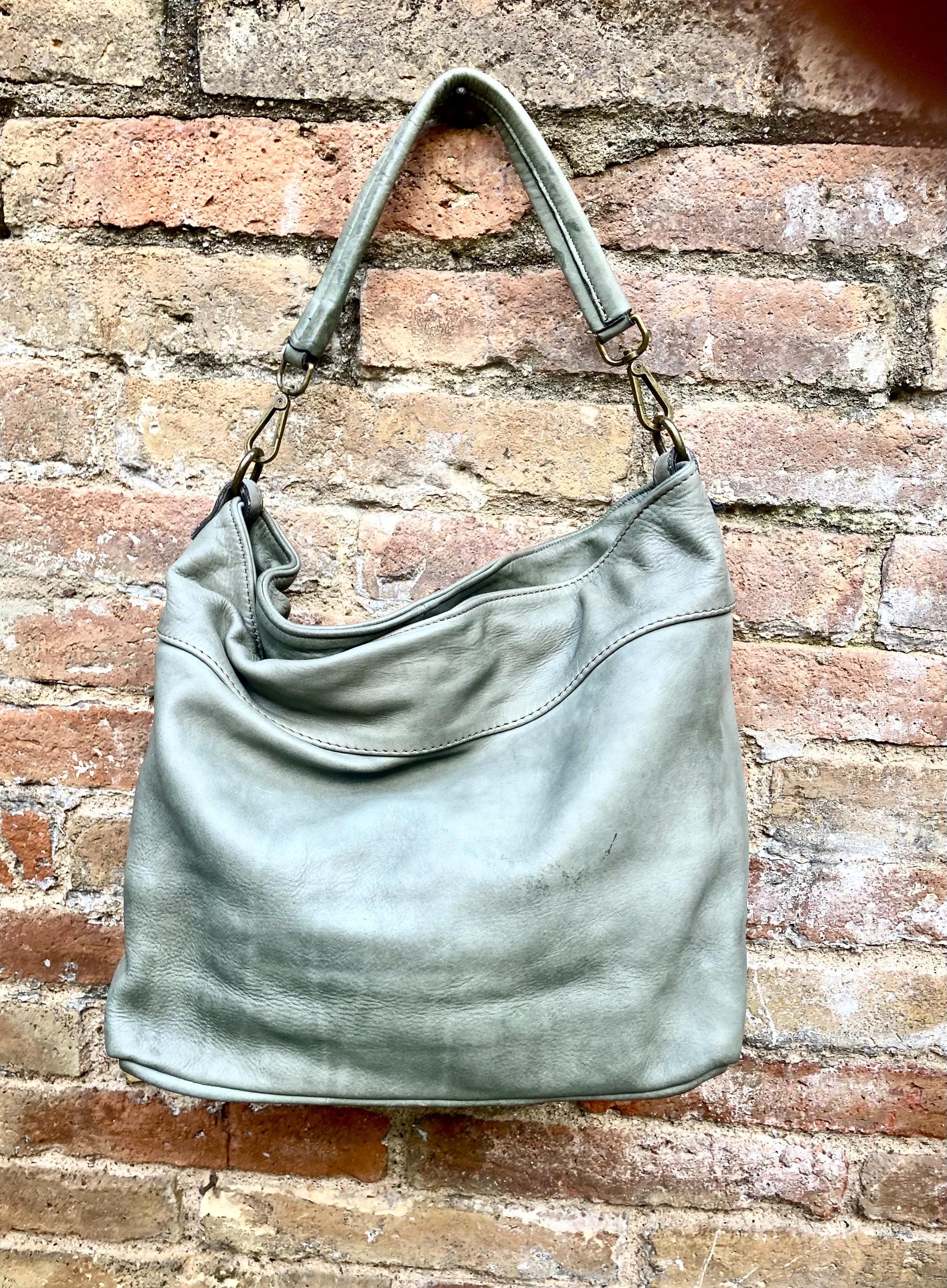 Sage GREEN genuine leather shoulder / crossbody bag. Green distressed leather shopper, "Washed leather" bag for laptops, tablets, books...