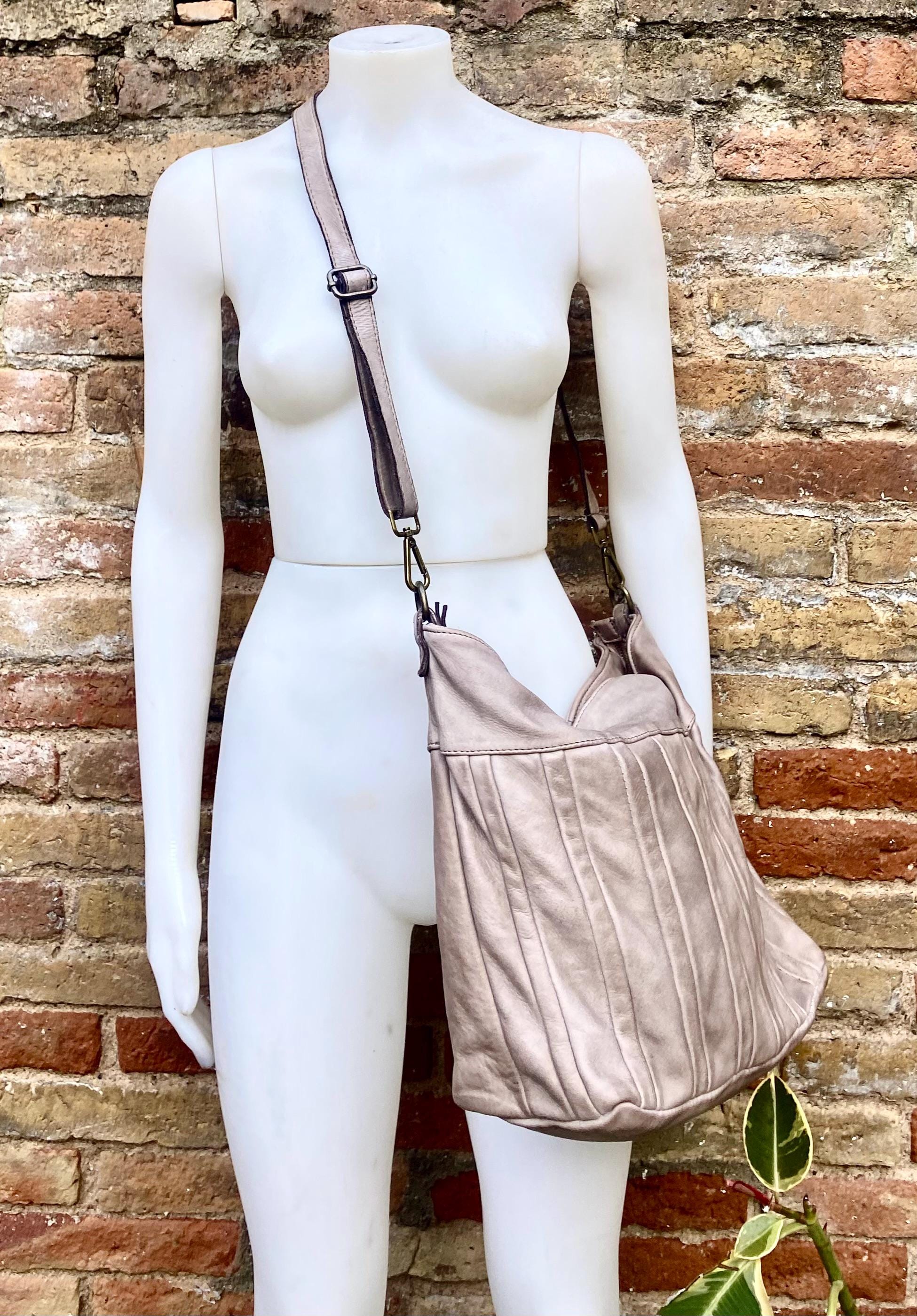 Taupe beige - gray genuine leather shoulder / crossbody bag. Greyge distressed leather shopper, "Washed leather" large bag in light brown