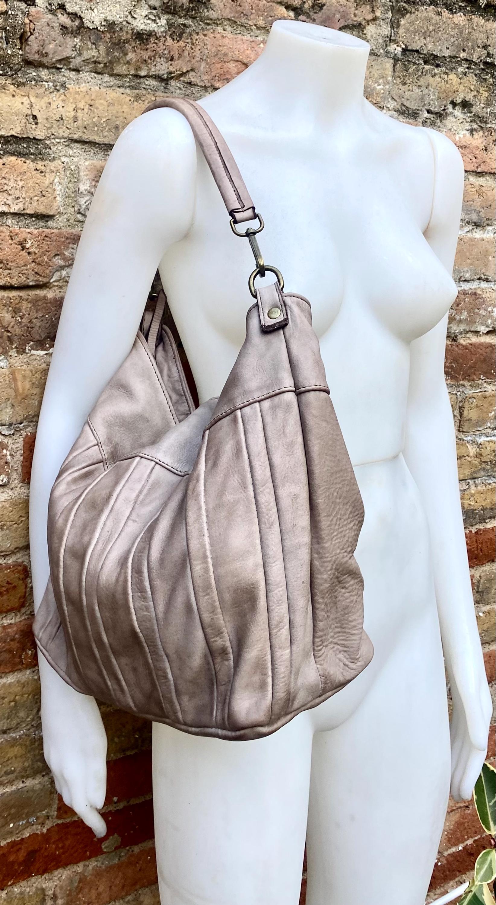 Taupe beige - gray genuine leather shoulder / crossbody bag. Greyge distressed leather shopper, "Washed leather" large bag in light brown