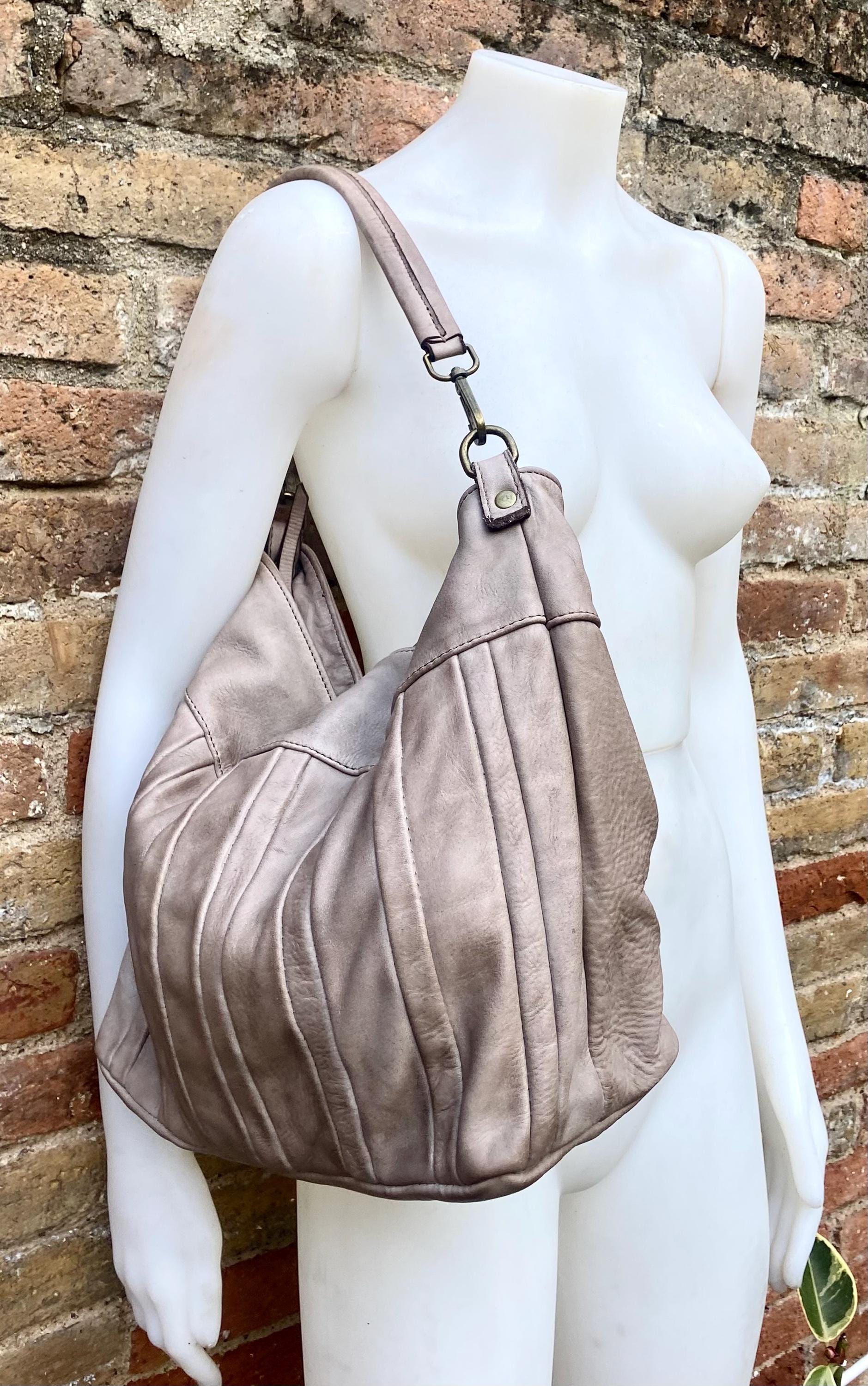Taupe beige - gray genuine leather shoulder / crossbody bag. Greyge distressed leather shopper, "Washed leather" large bag in light brown