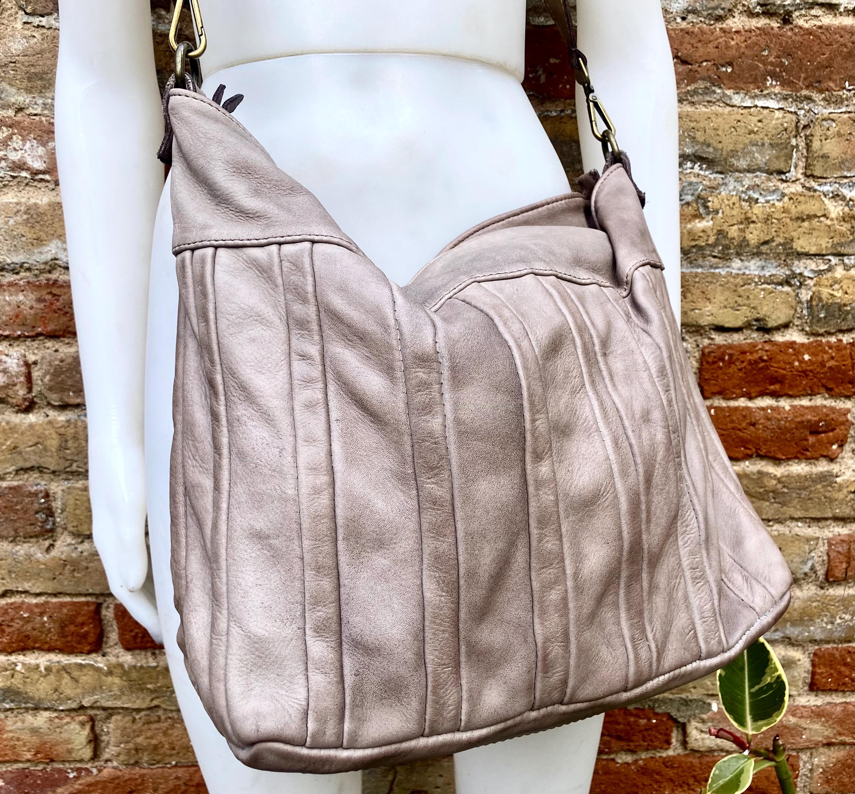 Taupe beige - gray genuine leather shoulder / crossbody bag. Greyge distressed leather shopper, "Washed leather" large bag in light brown